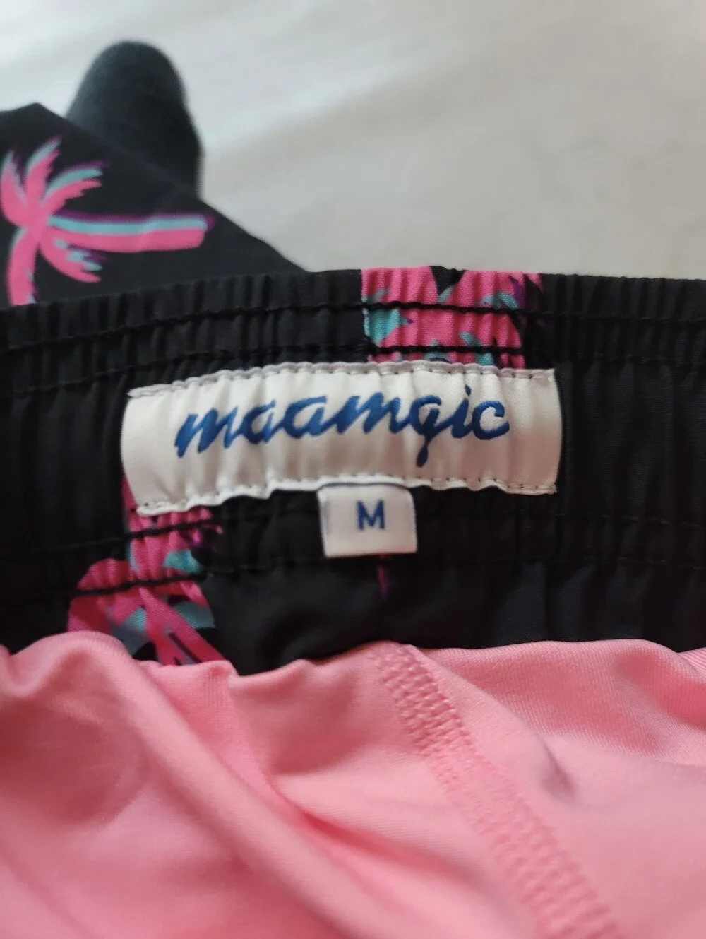 Maamgic Men Medium Lined Swim Trunks Beach Palm Tree Black Pink 6